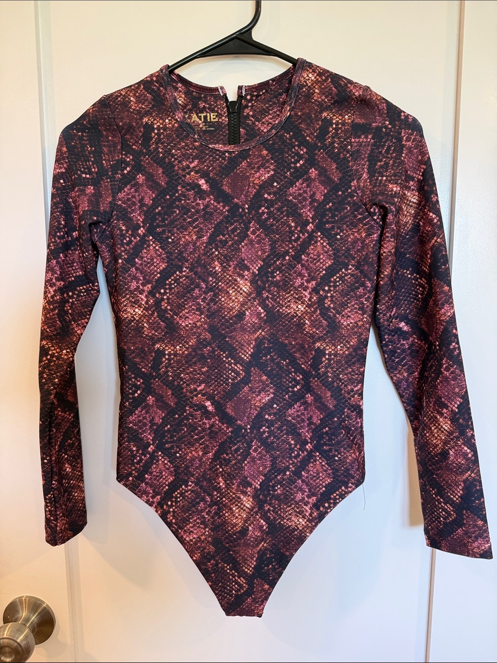 Skatie Long Sleeve Snake Print Bodysuit in Burgundy and Black